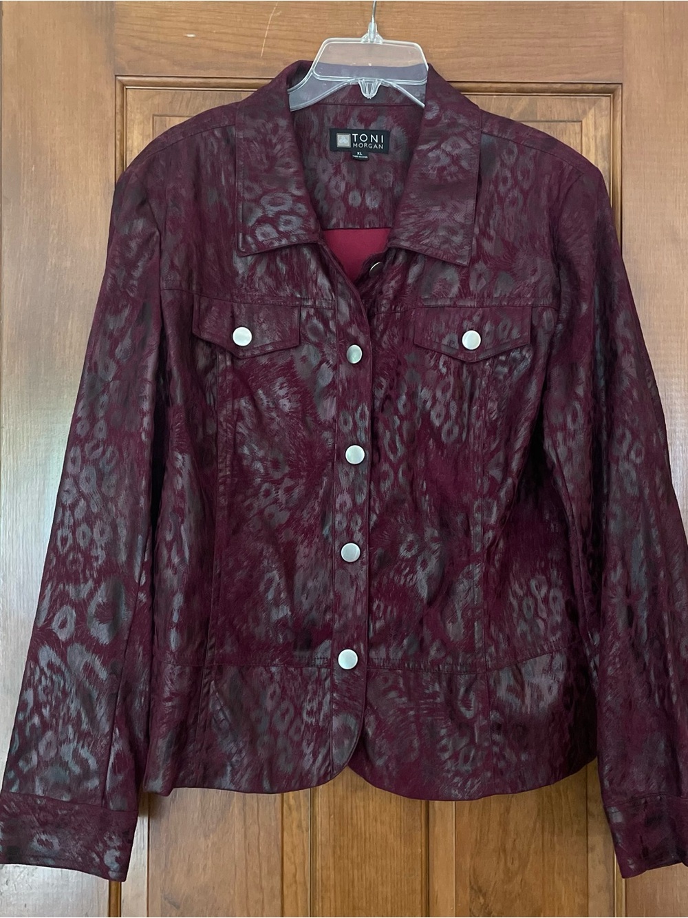 Toni Morgan Leatherette Burgundy Leopard-Print Jacket, Silver Accents, Size XL